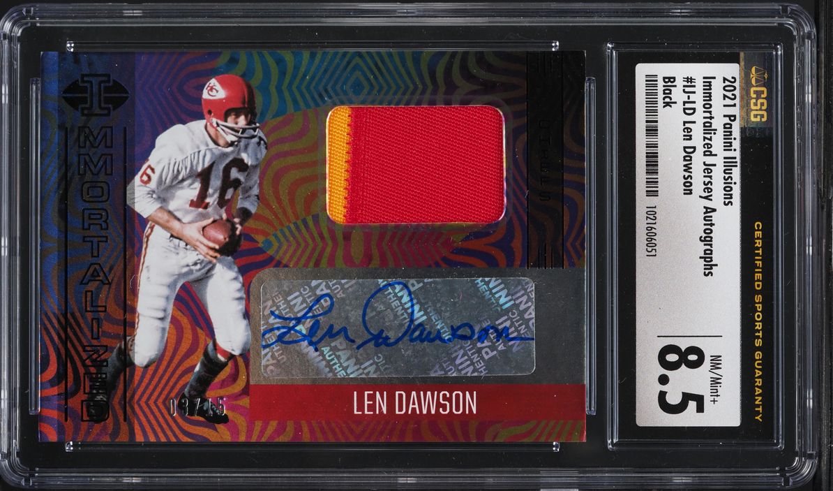 2021 Panini Illusions Immortalized Black Len Dawson PATCH AUTO /15 CSG 8.5