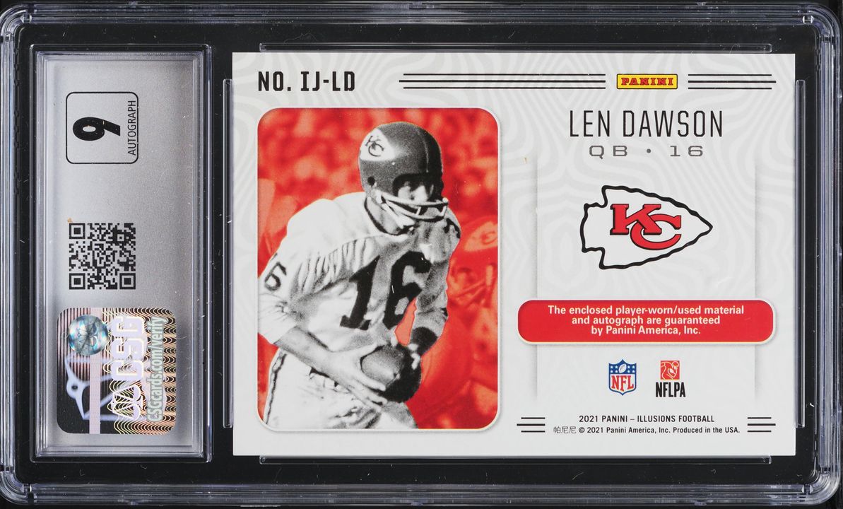 2021 Panini Illusions Immortalized Black Len Dawson PATCH AUTO /15 CSG 8.5