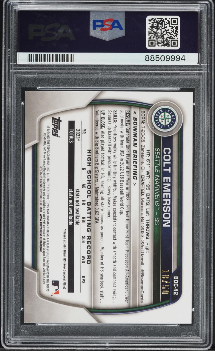 2023 Bowman Chrome Draft Sapphire Gold Colt Emerson PROSPECT /50 #BDC42 PSA 10
