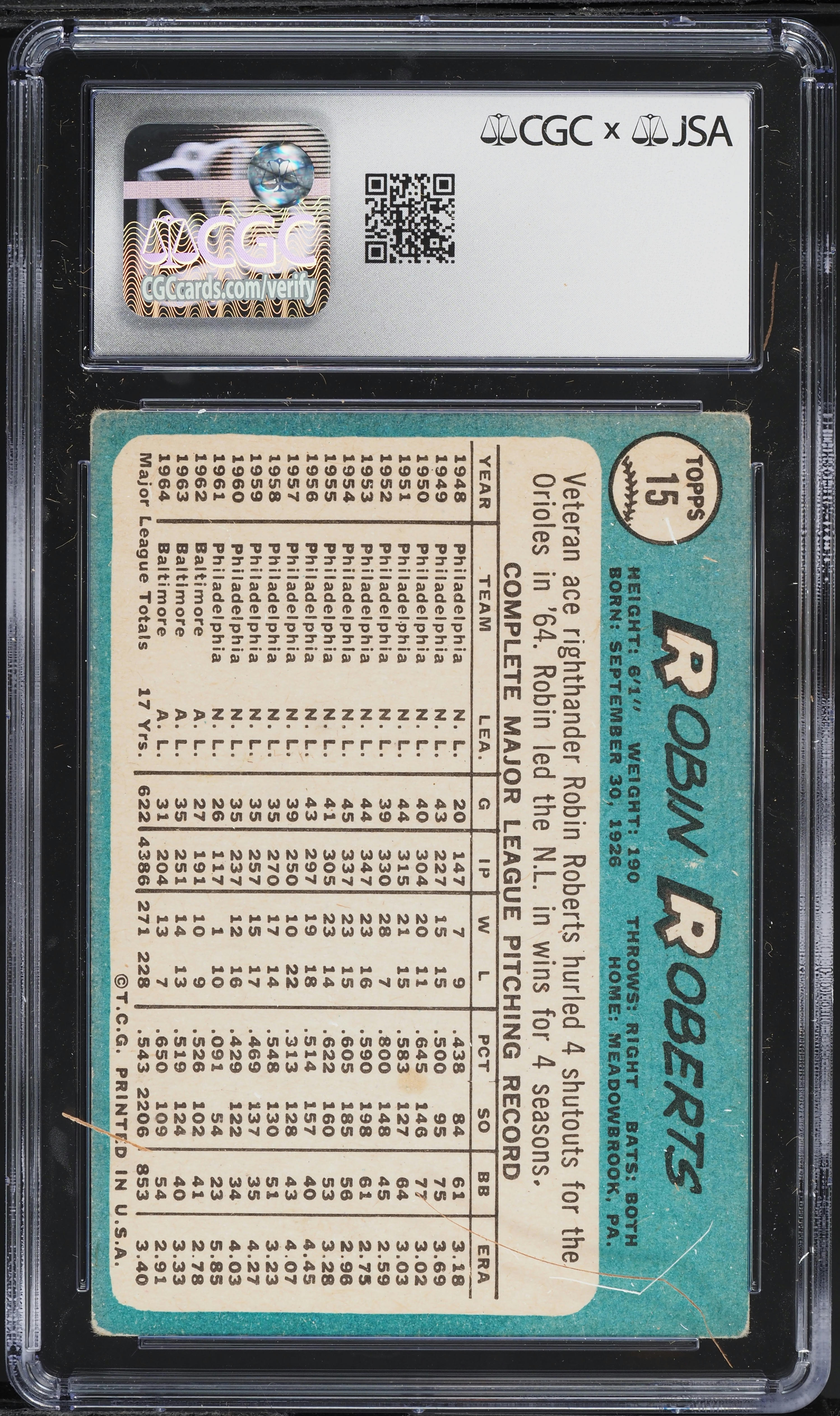 1965 Topps Robin Roberts AUTO #15 JSA CGC AUTH on Fanatics Collect