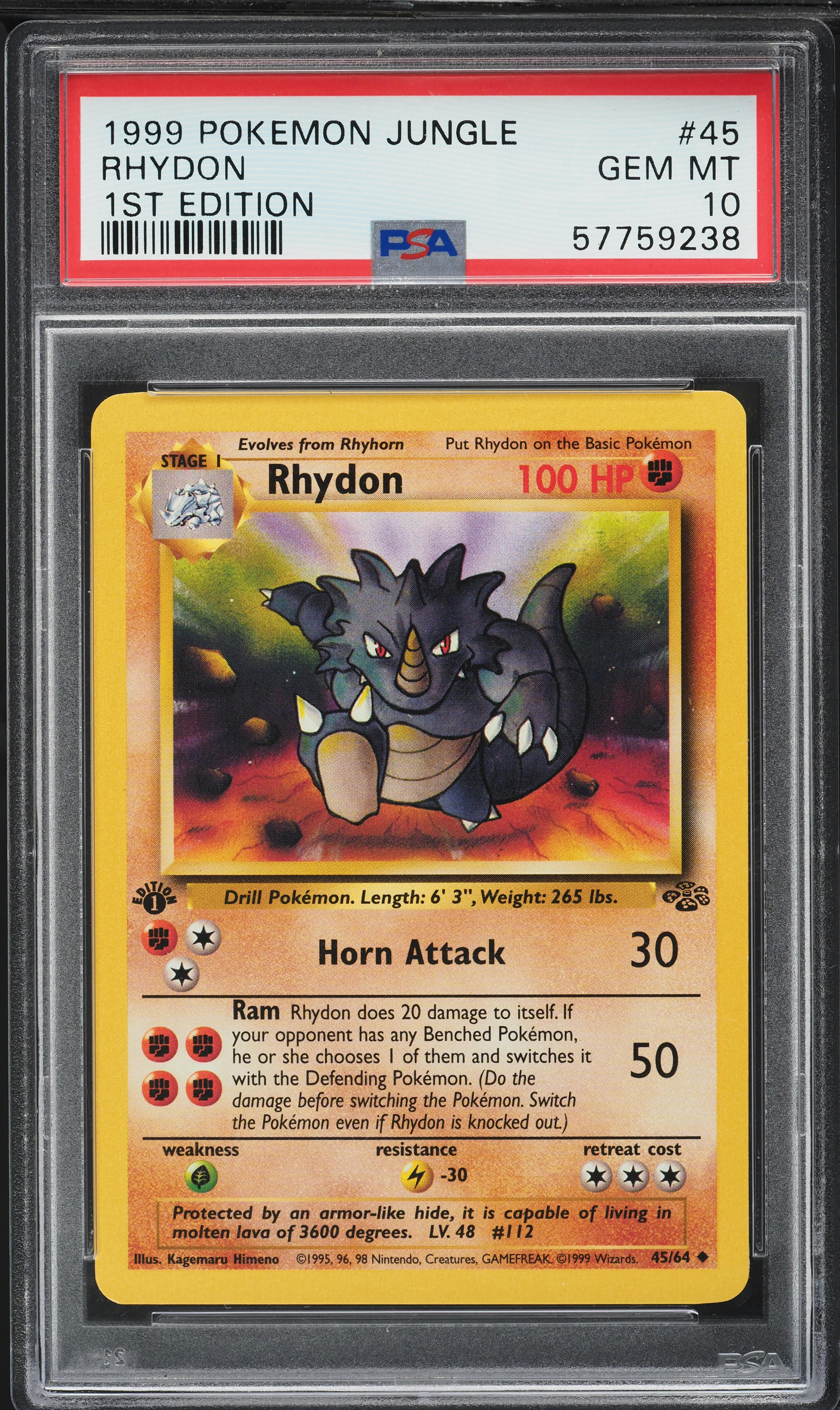 first edition rhydon pokemon card 1999 Jungle 1st #45 CGC AUTH on Fanatics Collect Fighting Rarity Rhydon 45/64 - Jungle 1st