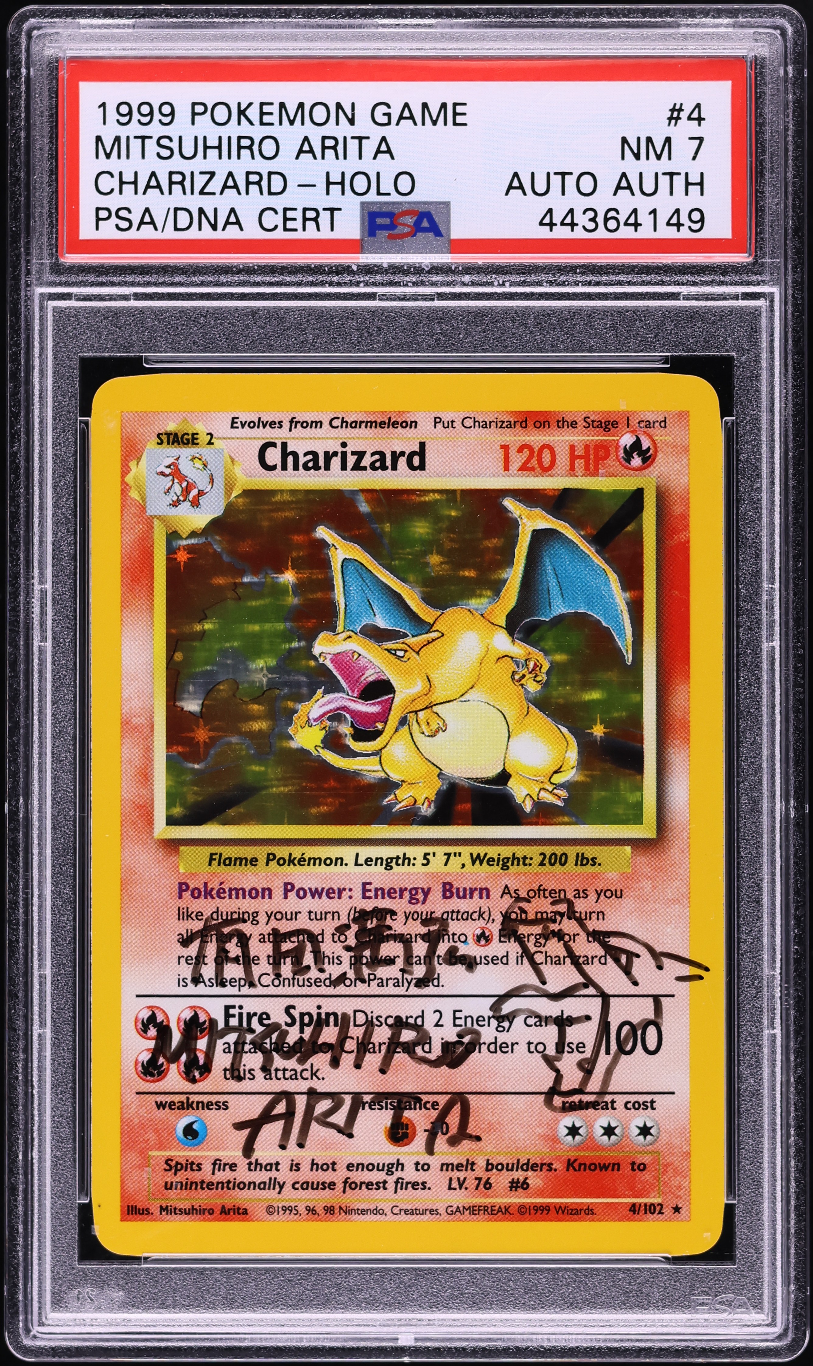 1999 Pokemon Base Set Holo Charizard Mitsuhiro Arita AUTO #4 PSA 7