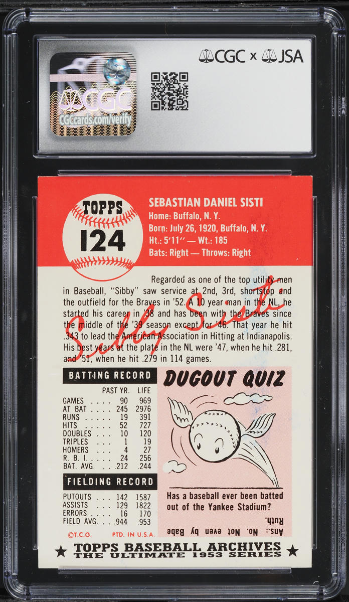 1991 Topps Archives '53 Sibby Sisti AUTO #124 JSA CGC AUTH