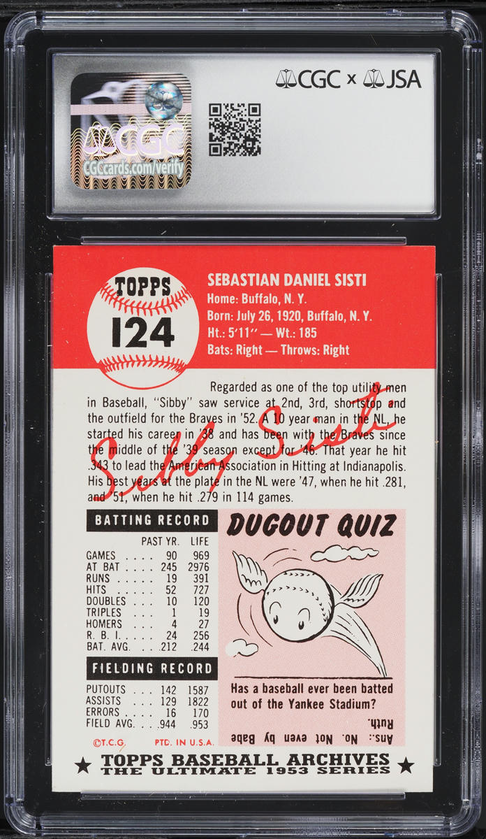 1991 Topps Archives '53 Sibby Sisti AUTO #124 JSA CGC AUTH