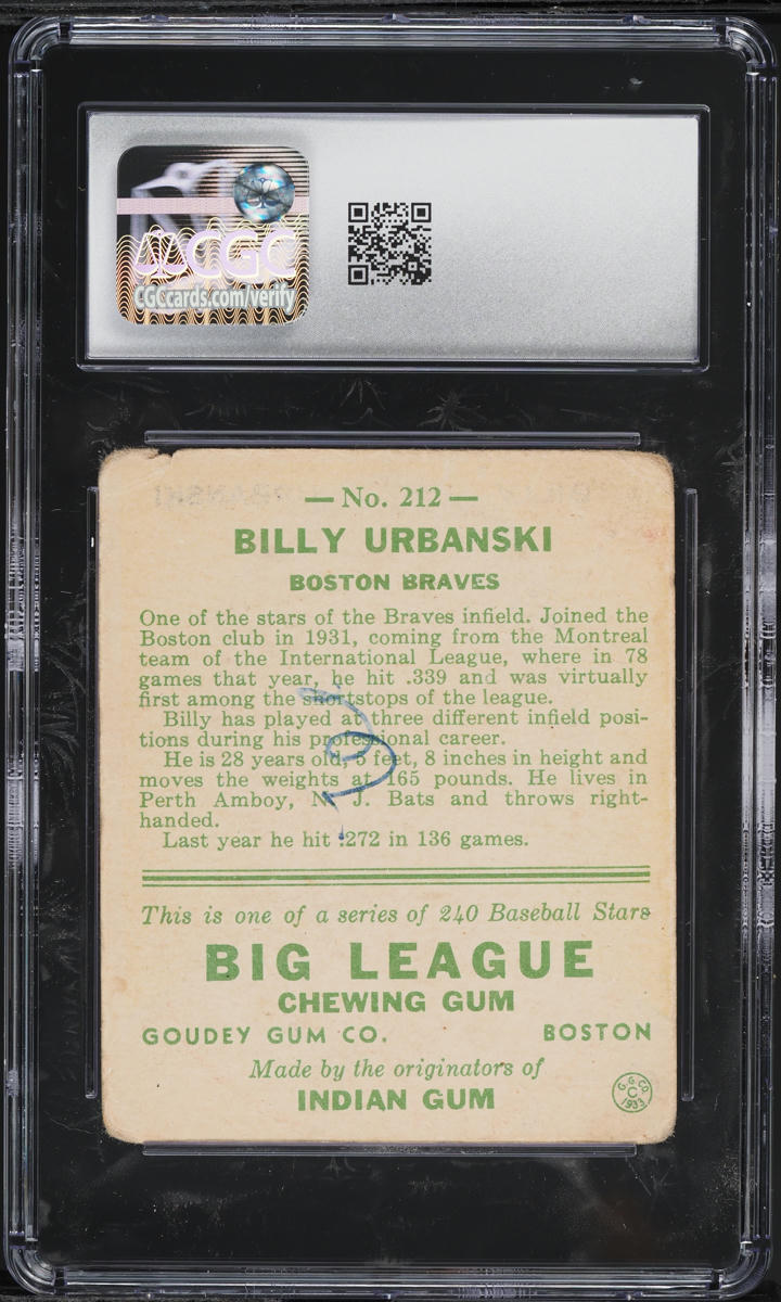 1933 Goudey Billy Urbanski ROOKIE #212 CGC 1 PR