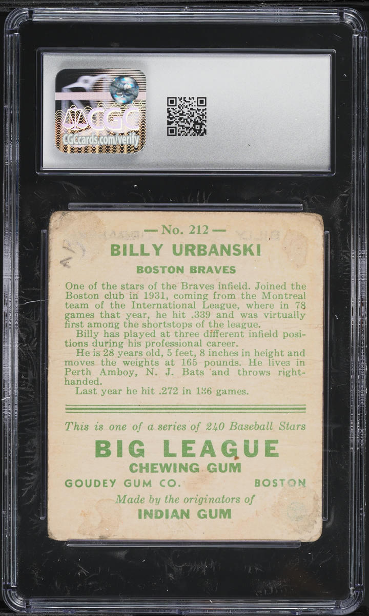 1933 Goudey Billy Urbanski ROOKIE #212 CGC 1 PR