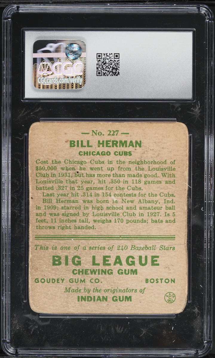 1933 Goudey Billy Herman ROOKIE #227 CGC 1 PR
