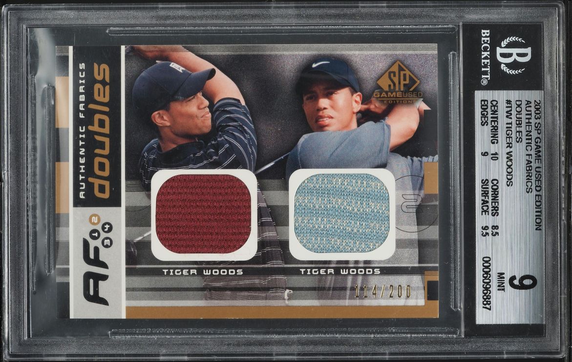 2003 SP Game Used Authentic Fabrics Doubles Tiger Woods PATCH /200 #TW BGS 9