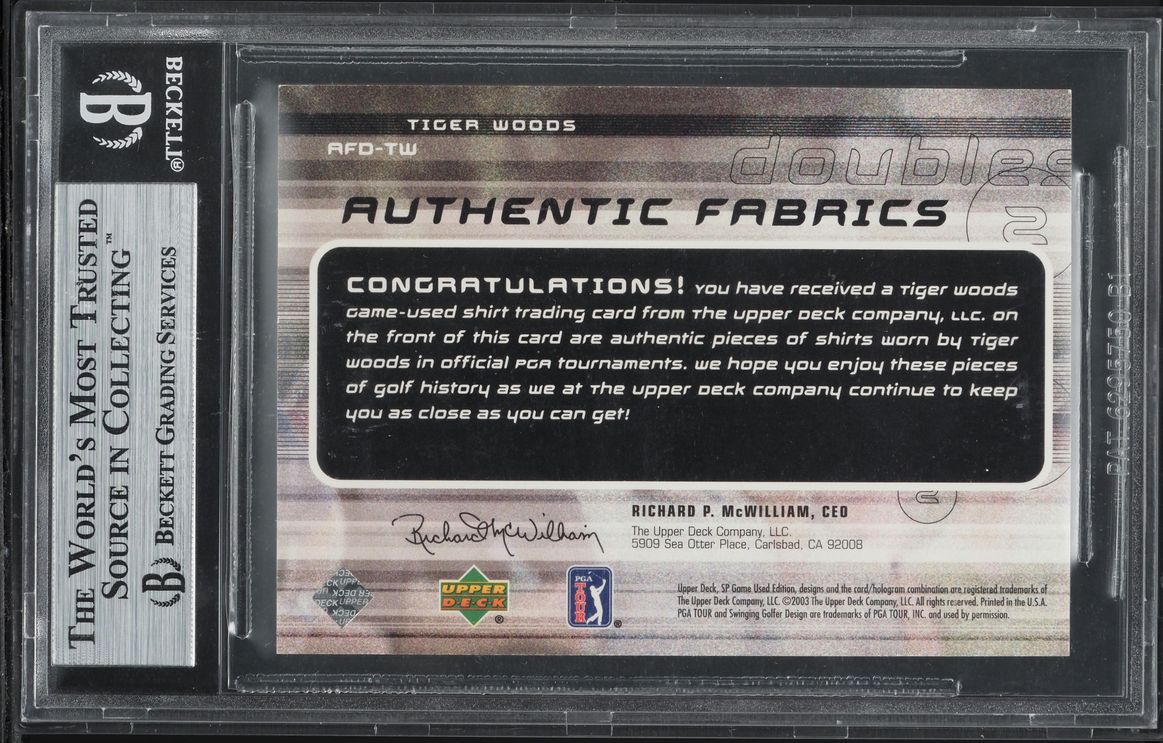 2003 SP Game Used Authentic Fabrics Doubles Tiger Woods PATCH /200 #TW BGS 9