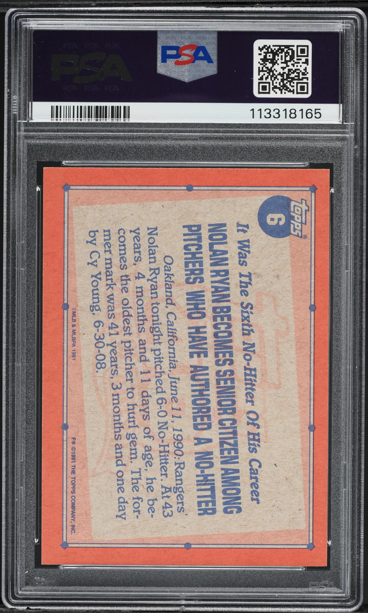 1991 Topps Record Breaker Nolan Ryan #6 PSA 8 NM-MT