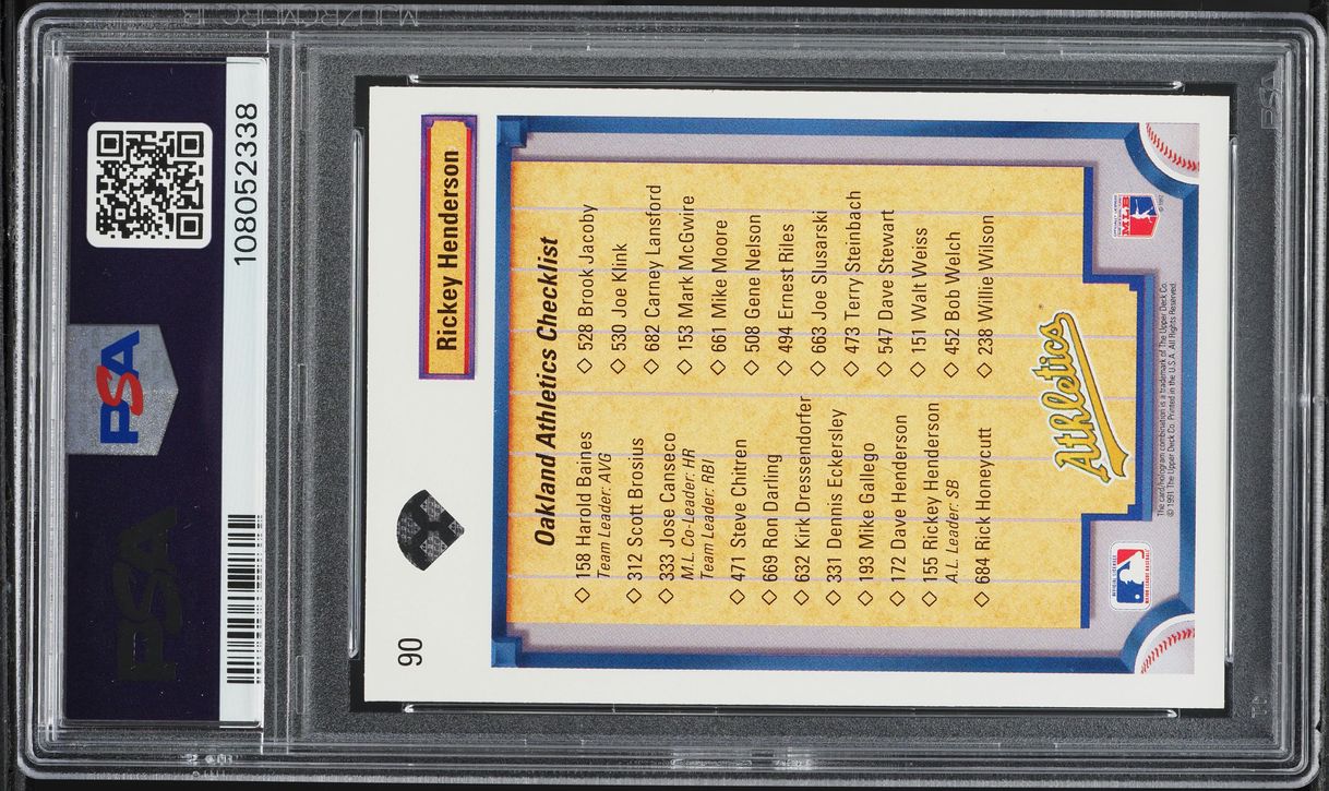 1992 Upper Deck A'S Checklist Rickey Henderson #90 PSA 8 NM-MT