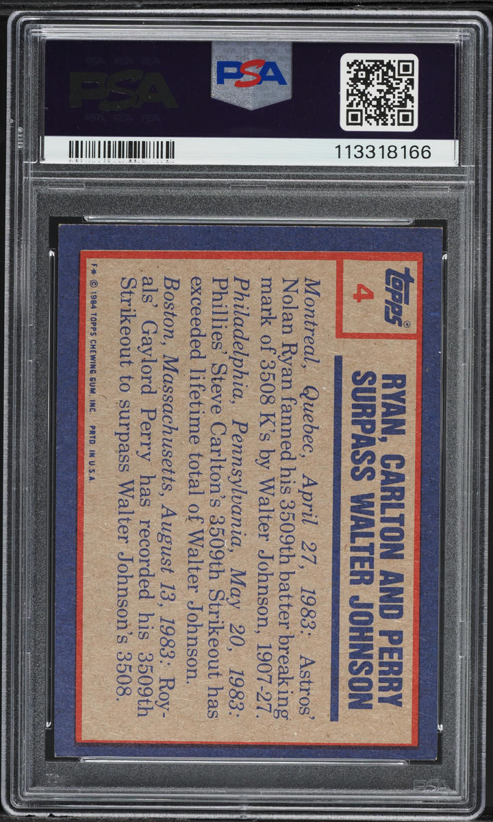 1984 Topps Nolan Ryan Steve Carlton Gaylord Perry '83 HIGHLIGHTS #4 PSA 7 NRMT