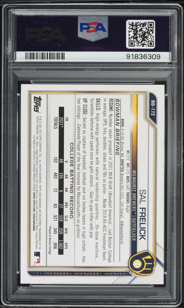 2021 Bowman Draft Sal Frelick PROSPECT #BD172 PSA 10 GEM MINT