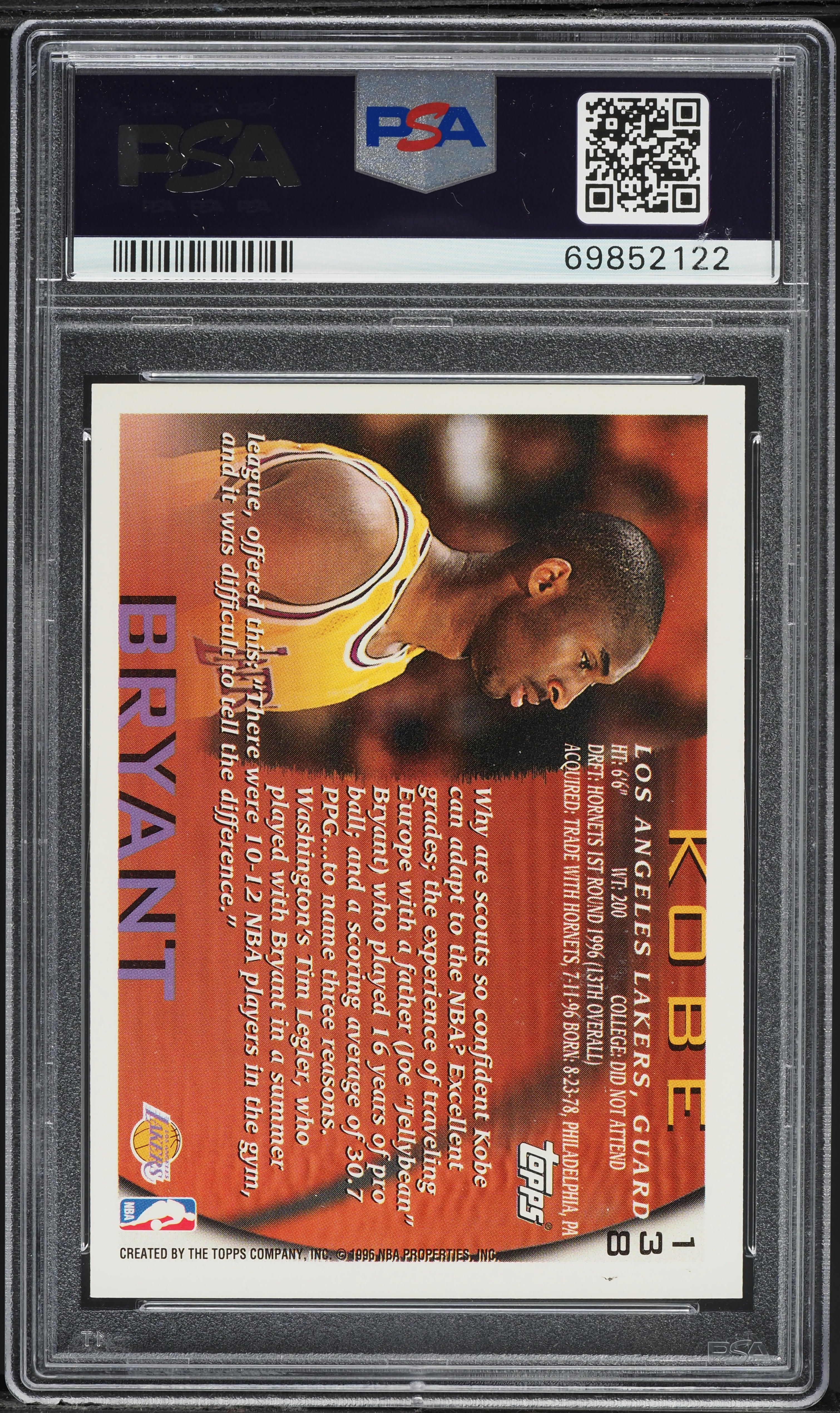 1996 Topps Basketball Kobe Bryant ROOKIE #138 PSA 8 NM-MT on