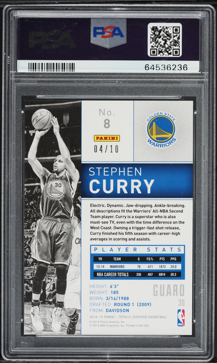 2014 Panini Totally Certified Platinum Gold Stephen Curry /10 #8 PSA 9 MINT