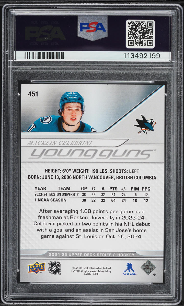 2024 Upper Deck Young Guns Macklin Celebrini ROOKIE #451 PSA 10 GEM MINT