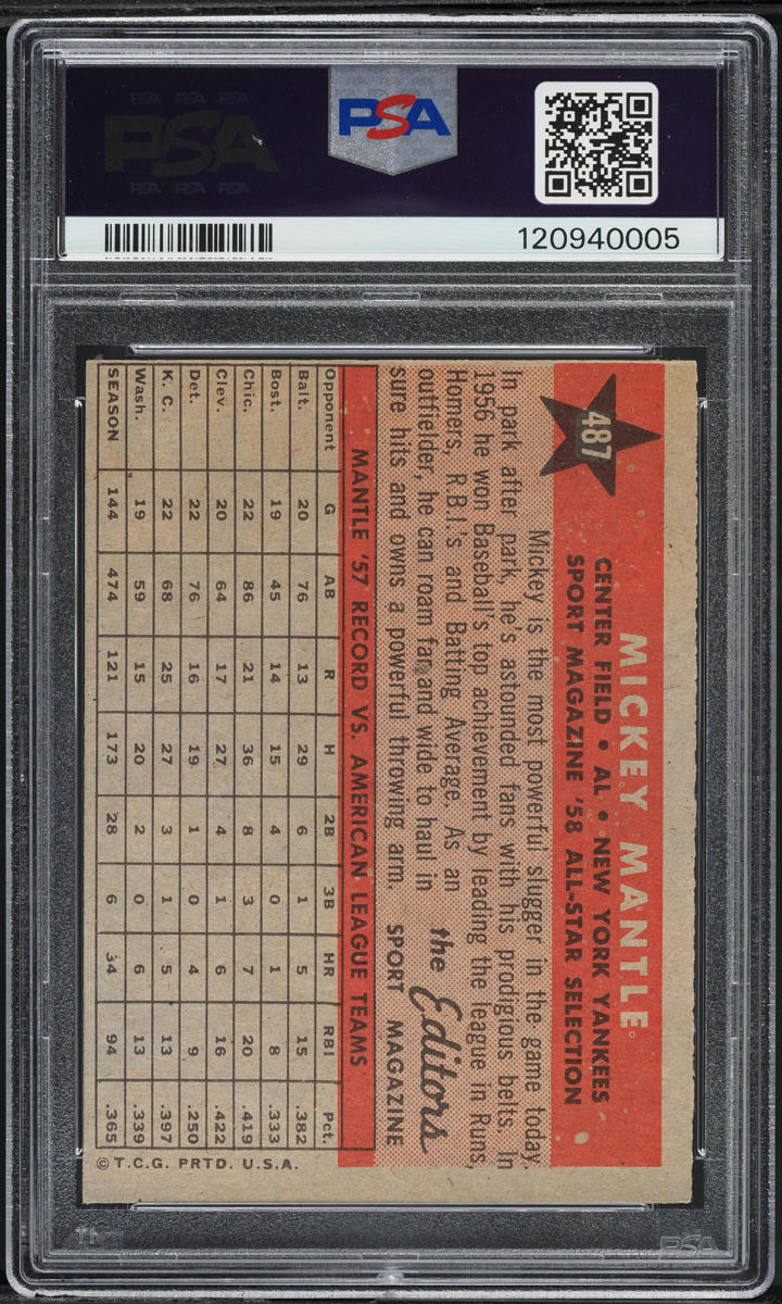 1958 Topps Mickey Mantle ALL-STAR #487 PSA 5 EX