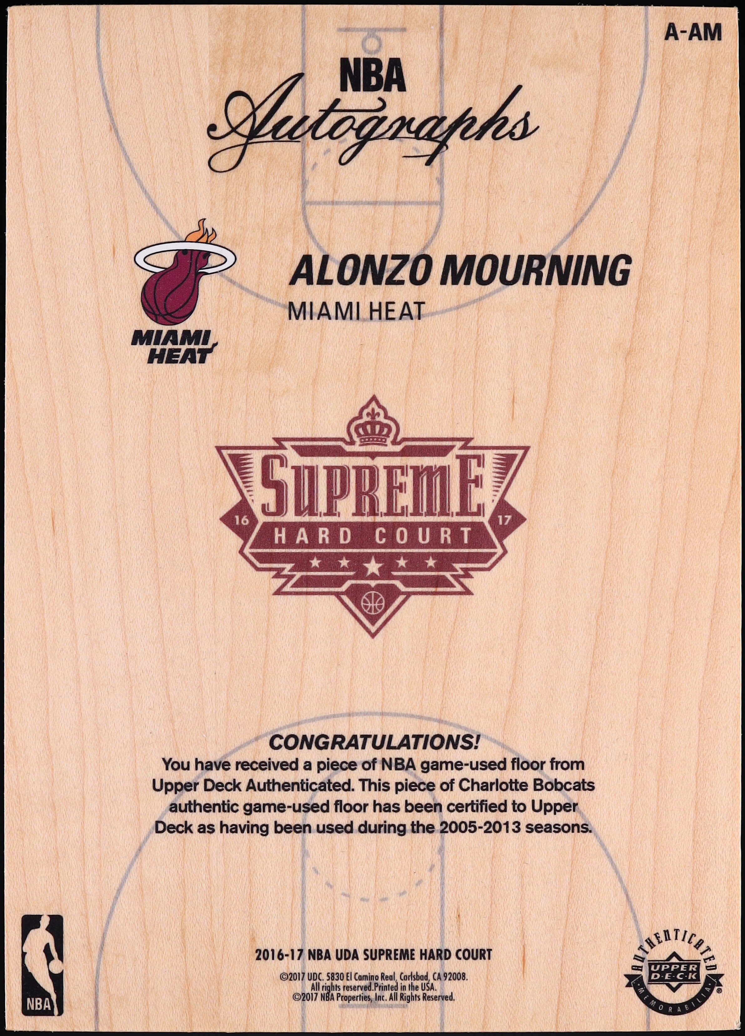 2016 Upper Deck Supreme Hard Court Alonzo Mourning AUTO Upper Deck