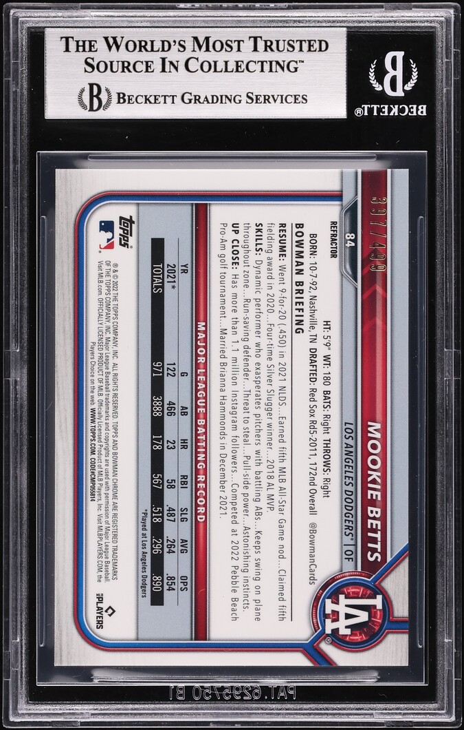 2022 Bowman Chrome Refractors Mookie Betts #84 BGS 9 MINT