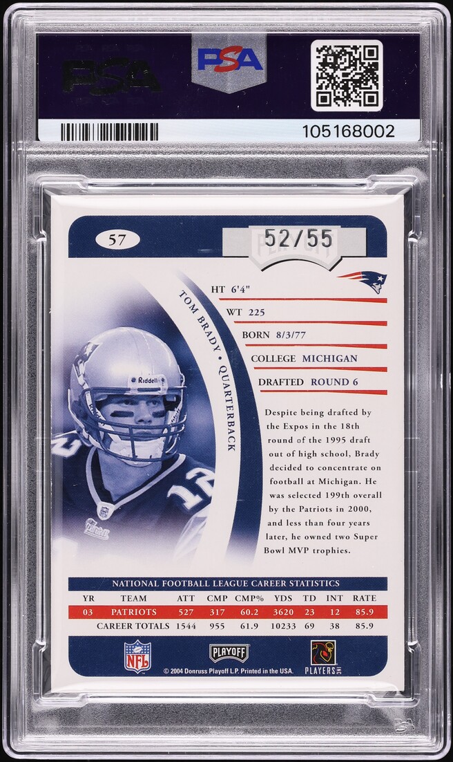 2004 Playoff Prime Proofs Silver Tom Brady AUTO DNA 10 /55 #57 PSA AUTH