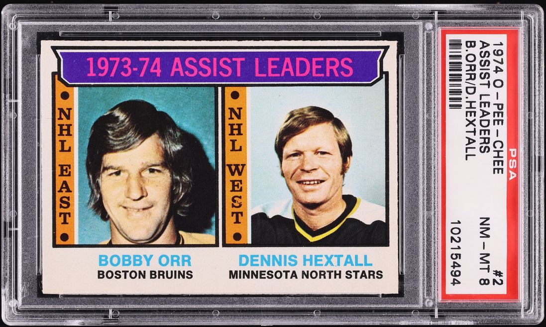 1974 O-Pee-Chee Hockey Bobby Orr Dennis Hextall ASSIST LEADRS #2 PSA 8 NM-MT