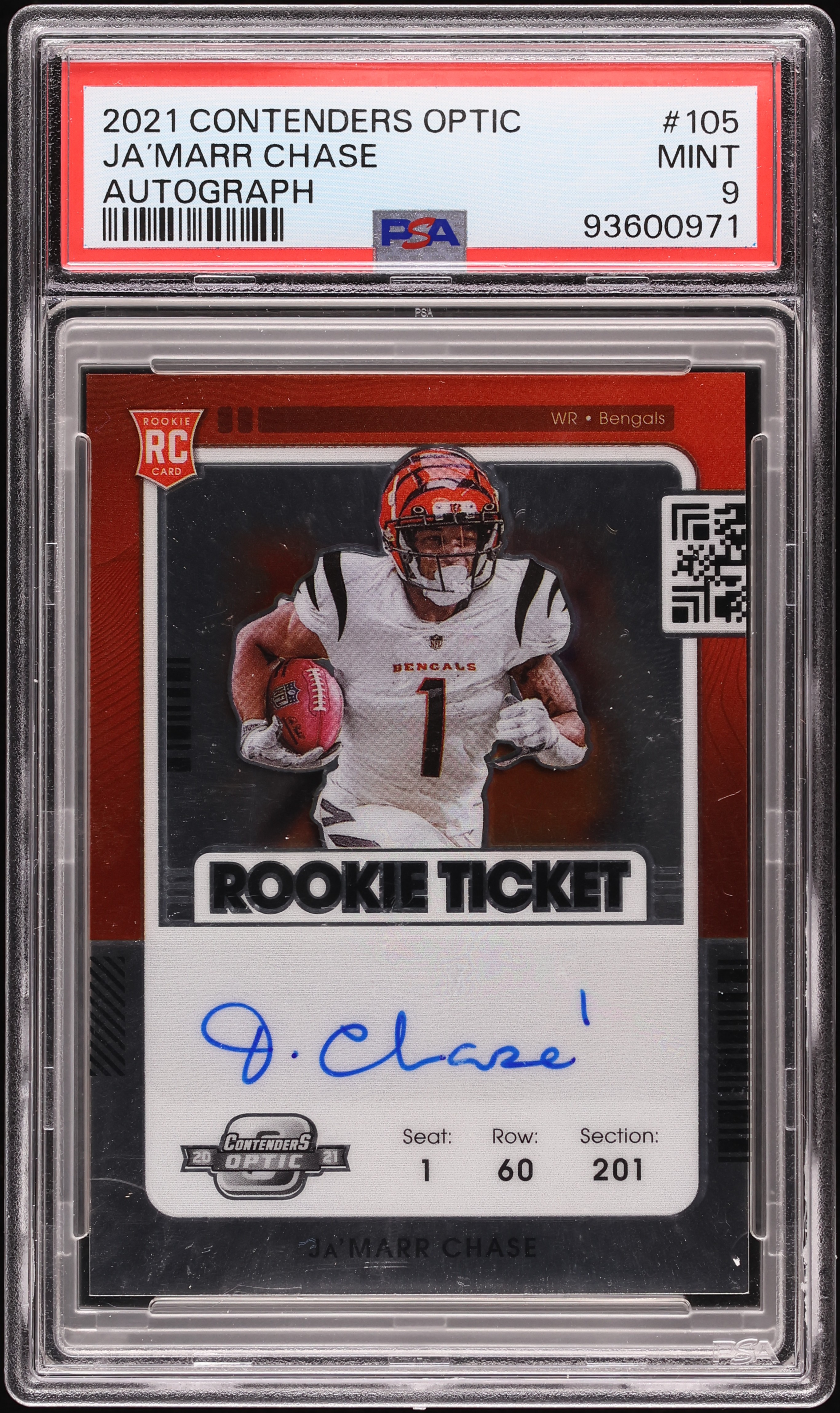 2021 Panini Contenders Optic Ja'Marr Chase ROOKIE AUTO #105 PSA 9