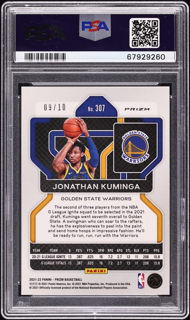 2021 Panini Prizm Gold Jonathan Kuminga ROOKIE /10 #307 PSA 9 MINT