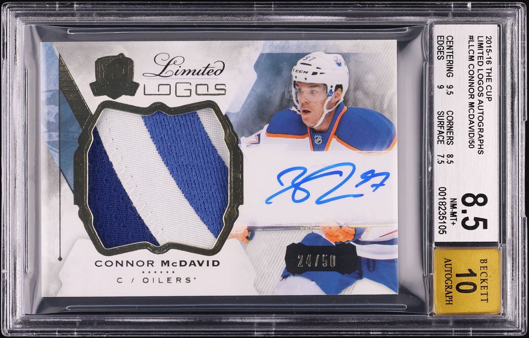 2015 Upper Deck The Cup Limited Logos Connor McDavid RC PATCH AUTO /50 BGS 8.5