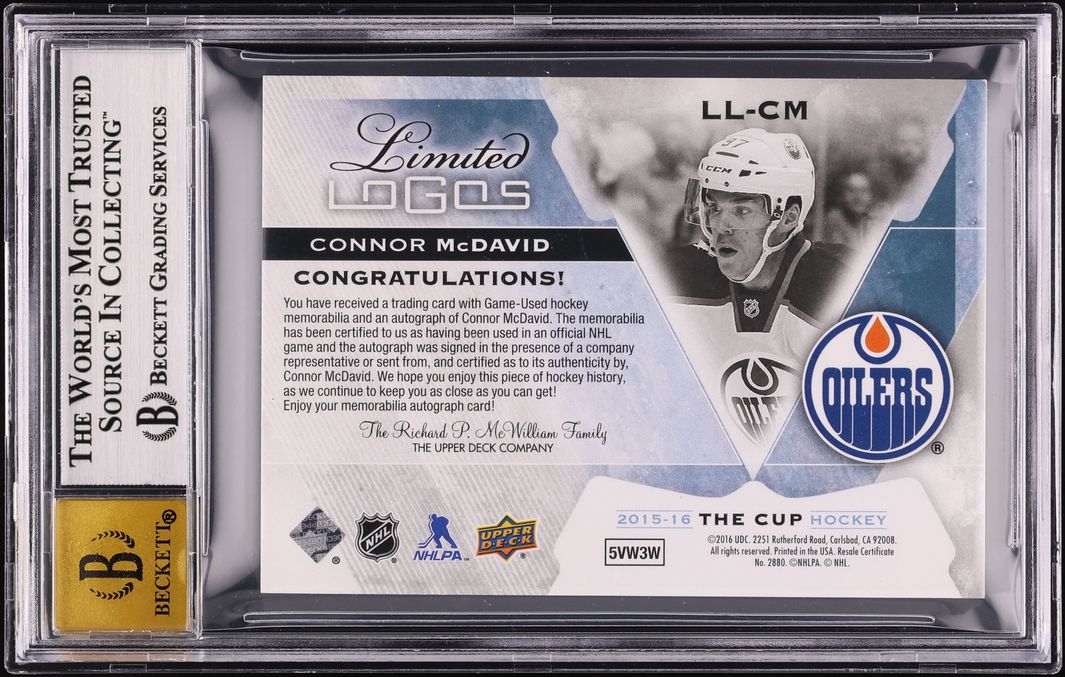 2015 Upper Deck The Cup Limited Logos Connor McDavid RC PATCH AUTO /50 BGS 8.5