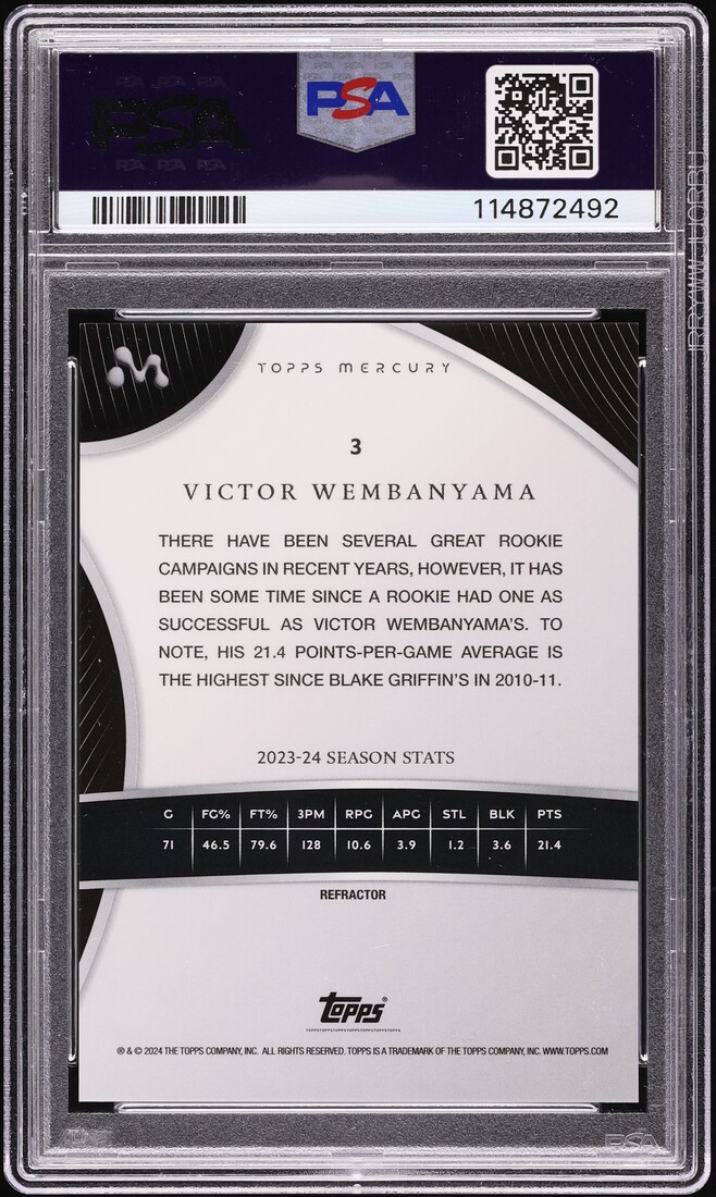 2023 Topps Mercury Refractor Victor Wembanyama ROOKIE /99 #3 PSA 10 GEM MINT