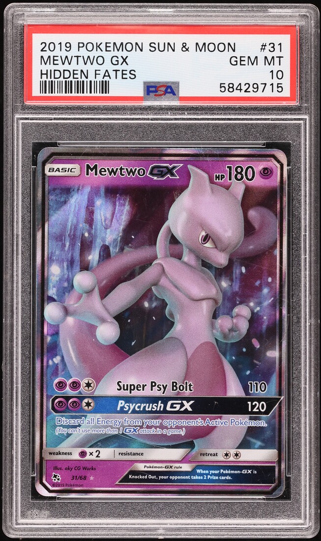 2019 Pokemon Sun & Moon Hidden Fates Mewtwo GX #31 PSA 10 GEM MINT
