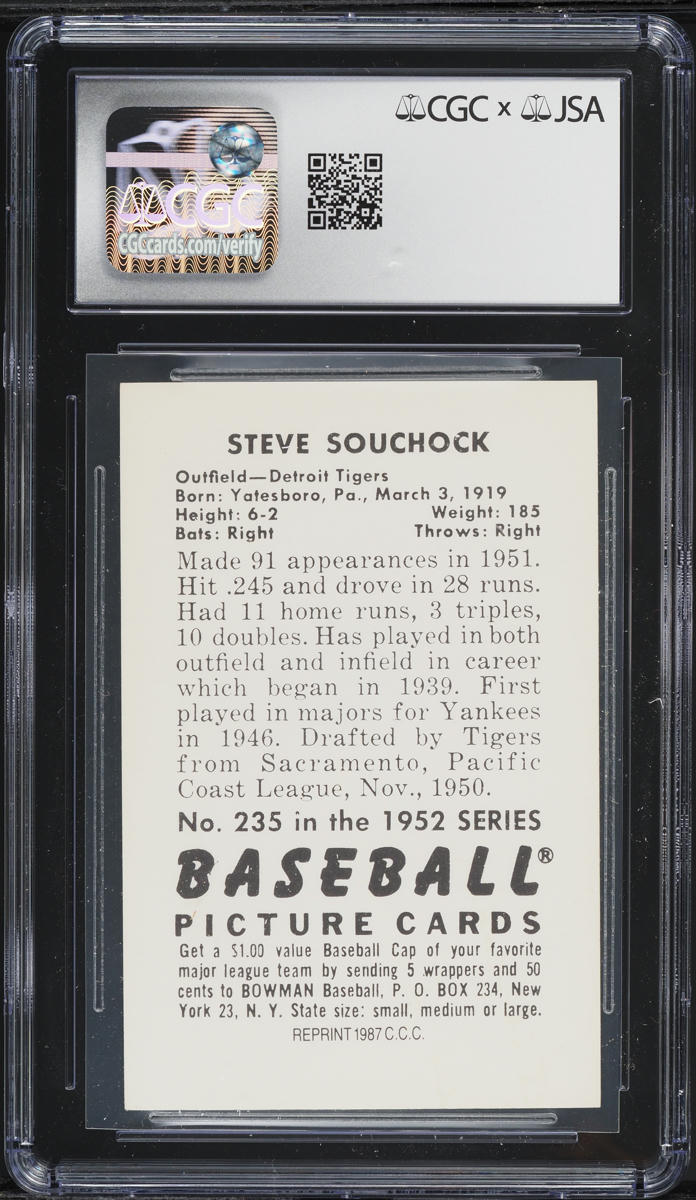 1987 Card Collectors Company '52 Bowman Reprints Steve Souchock AUTO CGC AUTH