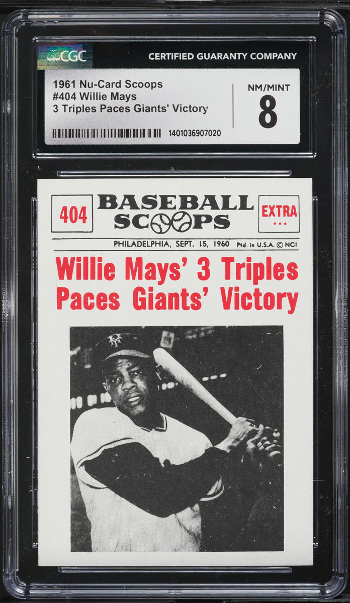 1961 Nu-Card Scoops Willie Mays 3 TRIPLES PACES GIANTS' VICTORY #404 CGC 8 NM-MT