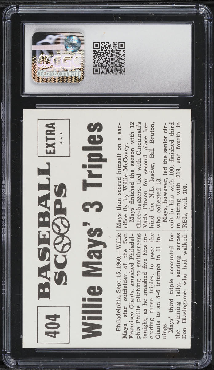 1961 Nu-Card Scoops Willie Mays 3 TRIPLES PACES GIANTS' VICTORY #404 CGC 8 NM-MT
