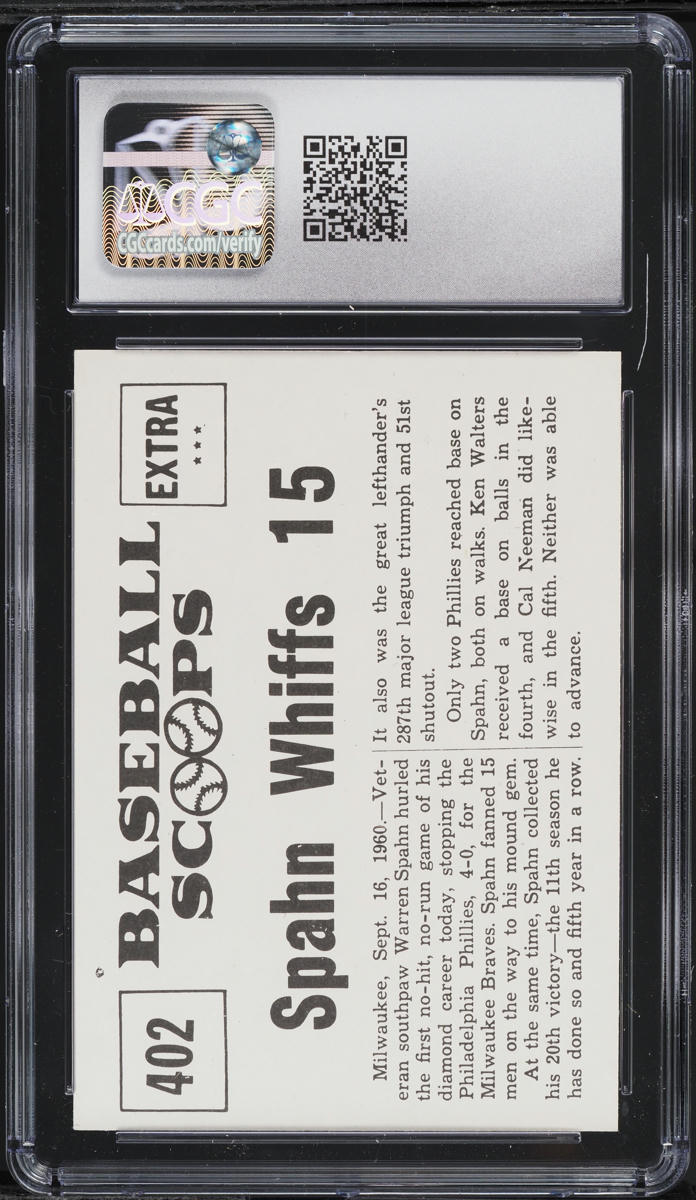 1961 Nu-Card Scoops Warren Spahn HURLS NO-HITTER, WHIFFS 15 #402 CGC 9 MINT