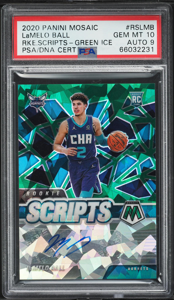 2020 Panini Mosaic Scripts Green Ice Lamelo Ball ROOKIE AUTO DNA 9 #RSLMB PSA 10