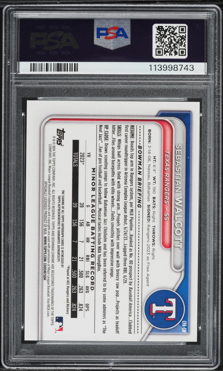 2024 Bowman Chrome HTA Green Lava Sebastian Walcott PROSPECT AUTO /99 #CPA-SW PSA 10 GEM MINT
