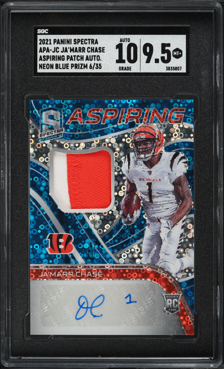 2021 Panini Spectra Neon Blue Prizm Ja'Marr Chase ROOKIE PATCH AUTO /35 SGC 9.5