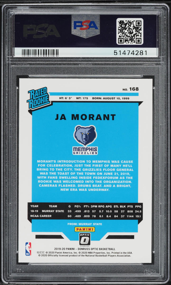 2019 Donruss Optic Ja Morant ROOKIE #168 PSA 10 GEM MINT