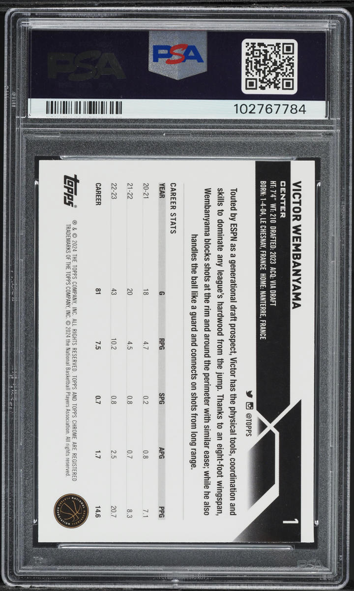 2023 Topps Chrome Pink Refractor Victor Wembanyama ROOKIE #1 PSA 9 MINT