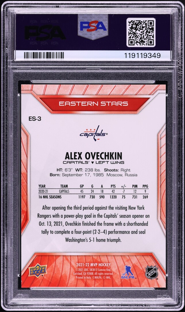 2021 Upper Deck MVP Eastern Stars Alex Ovechkin #ES-3 PSA 10 GEM