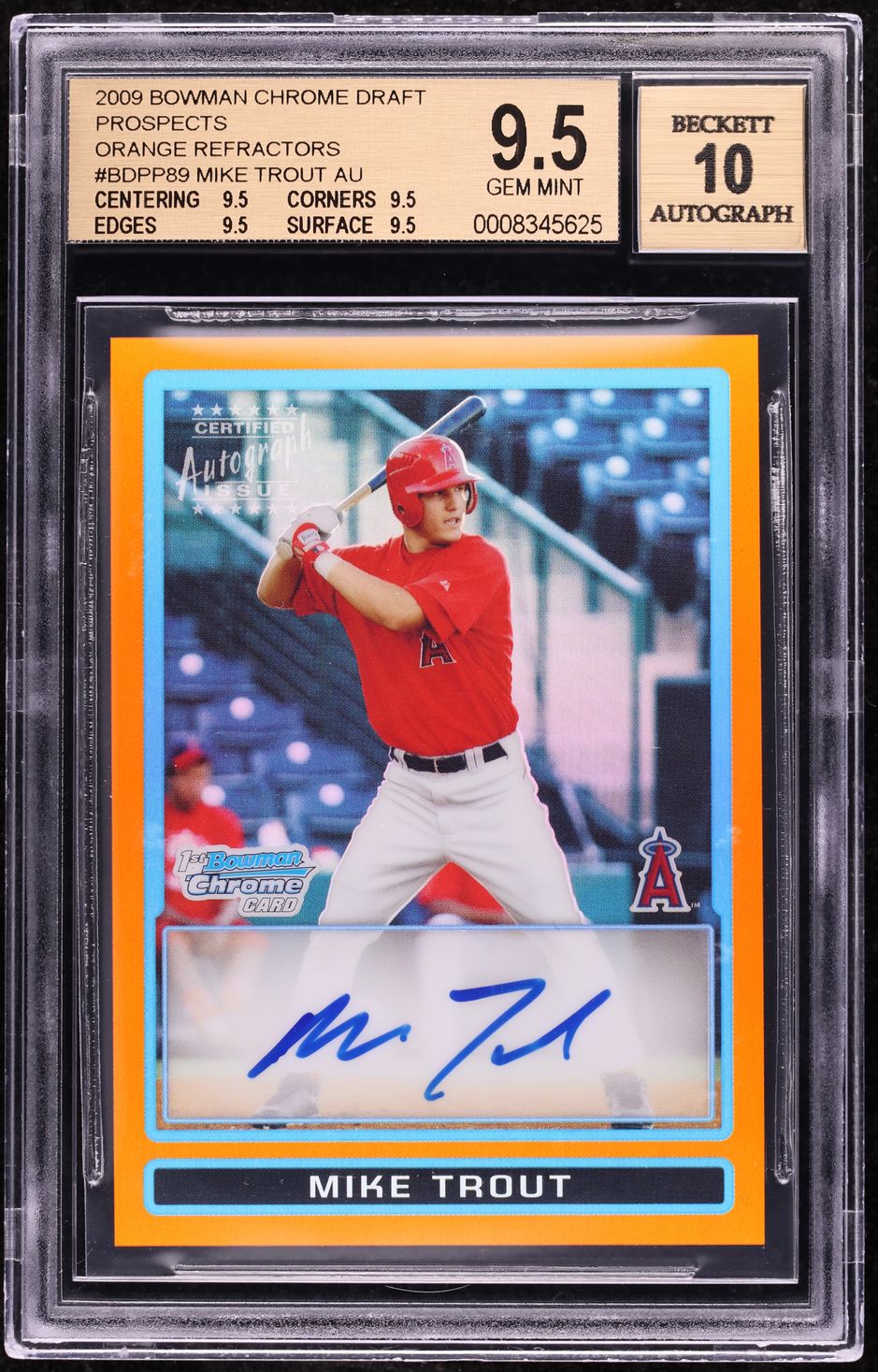 2009 Bowman Chrome Orange Refractor Mike Trout PROSPECT AUTO /25 BGS 9.5 GEM