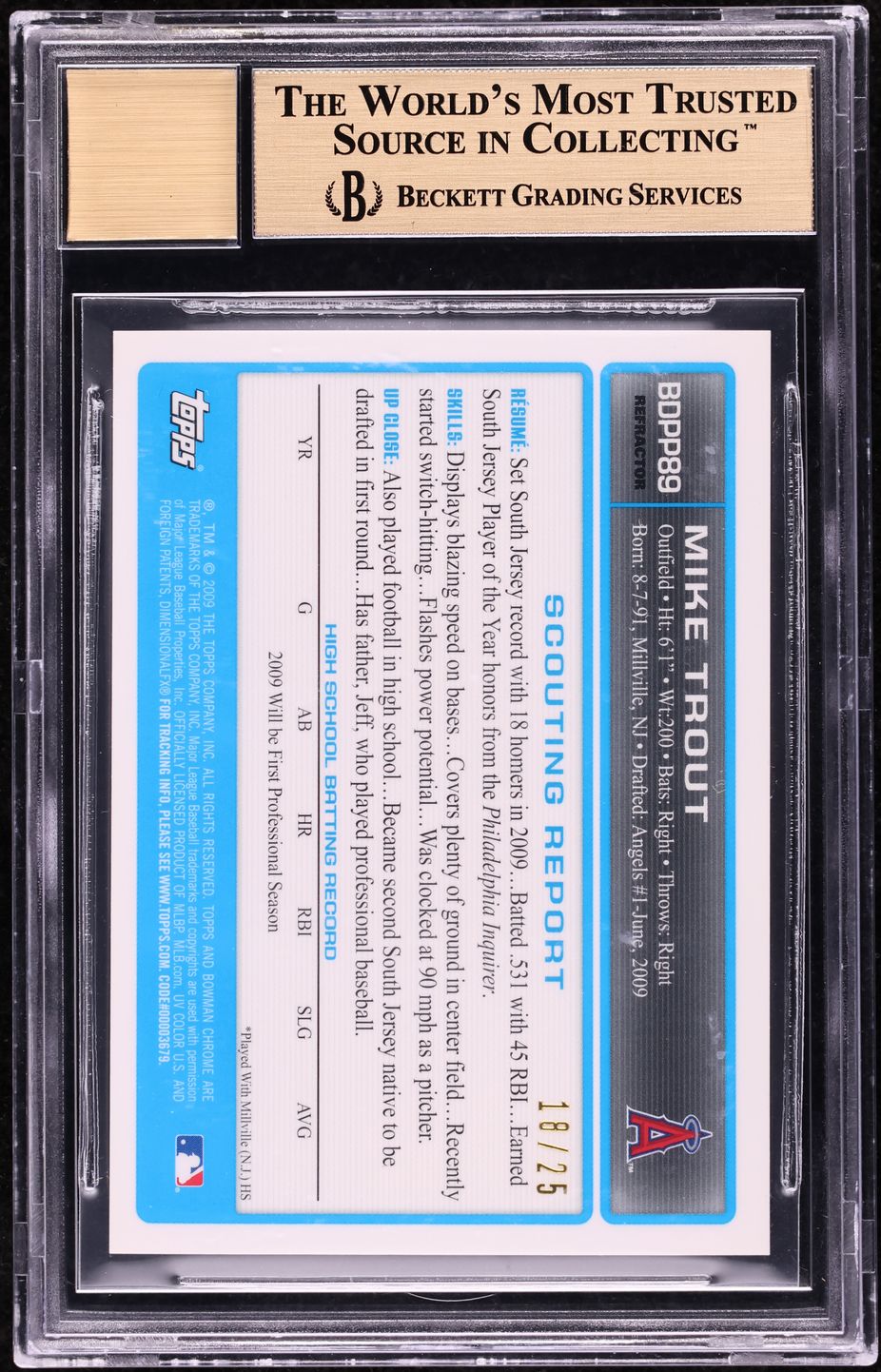 2009 Bowman Chrome Orange Refractor Mike Trout PROSPECT AUTO /25 BGS 9.5 GEM