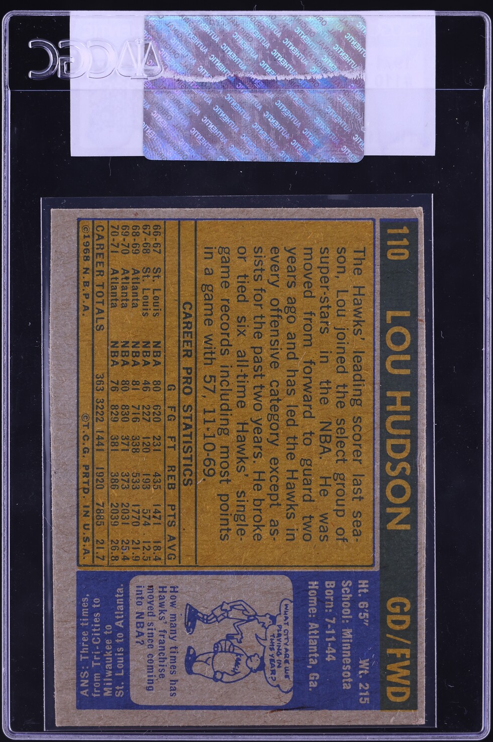1971 Topps Basketball Lou Hudson #110 CGC AUTH