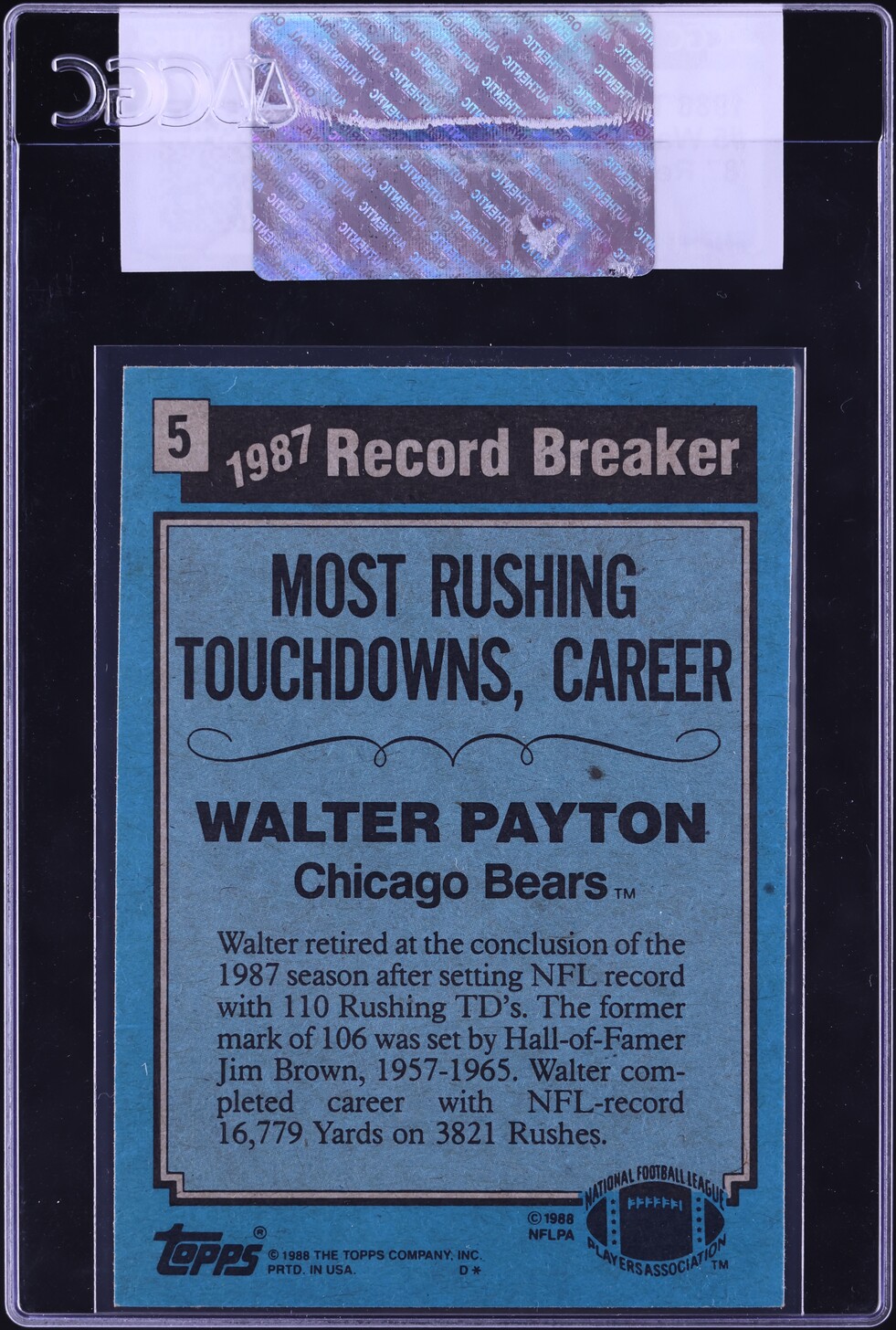 1988 Topps Football Walter Payton '87 RECORD BREAKER #5 CGC AUTH