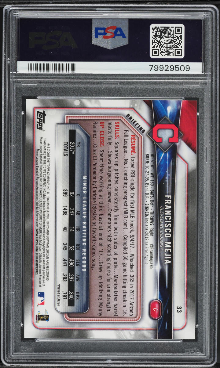2018 Bowman Chrome Catcher's Gear Francisco Mejia ROOKIE #33 PSA 10 GEM MINT