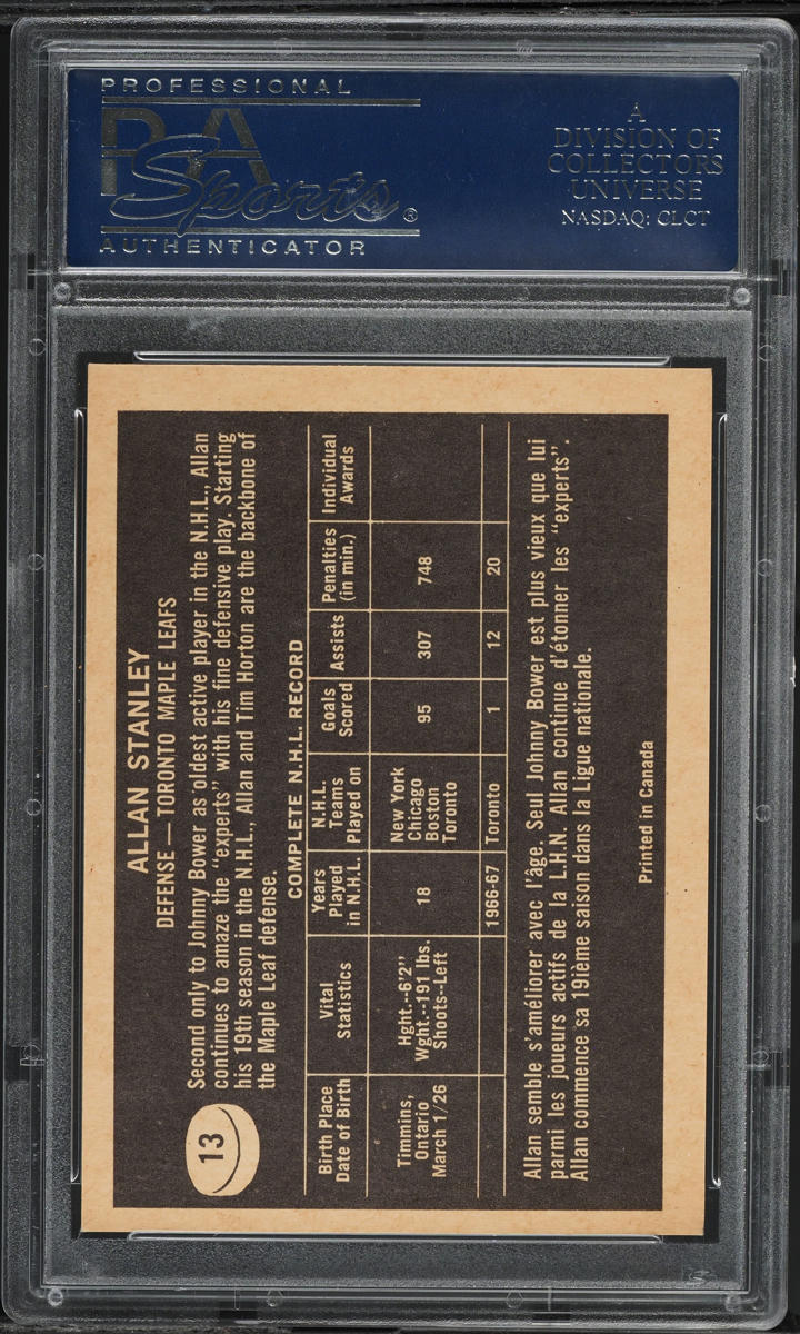 1967 Topps Hockey Allan Stanley #13 PSA 8 NM-MT