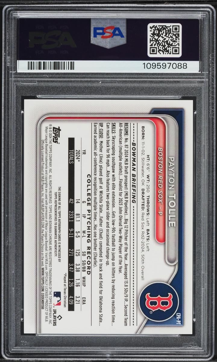 2024 Bowman Chrome Draft Gold Shimmer Payton Tolle PROSPECT AUTO /50 PSA 10