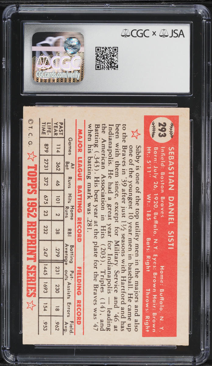 1983 Topps '52 Reprint Series Sibby Sisti AUTO #293 CGC AUTH