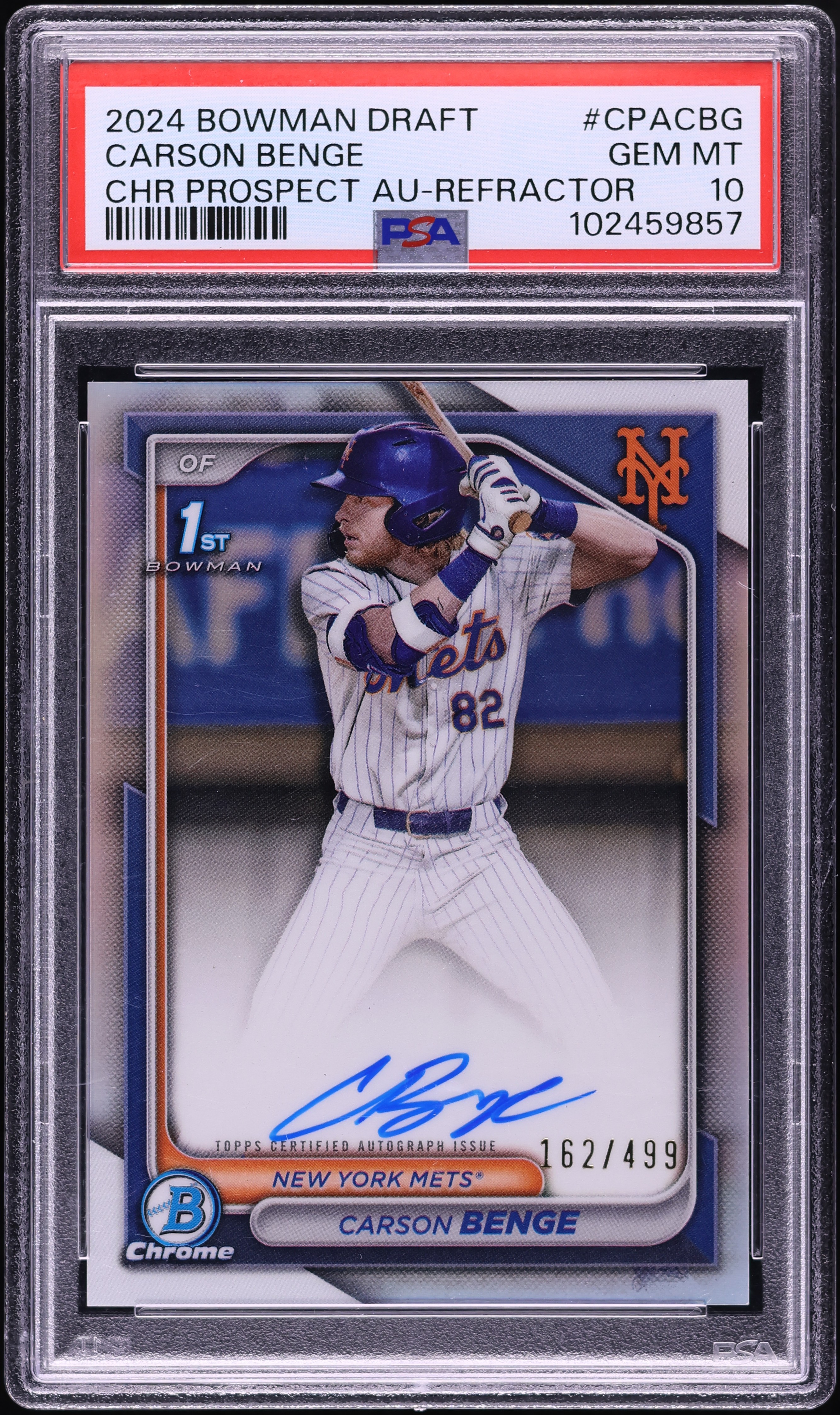2024 Bowman Chrome Refractor Carson Benge PROSPECT AUTO /499 PSA 